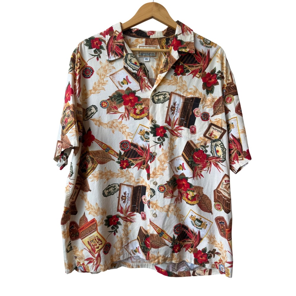 VTG KALAHEO Mens Hawaiian Shirt XL Tropical Cigar Tobacco Print Island‎ Resort